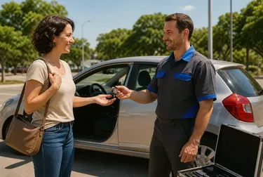 Chaveiro abrindo um carro com ferramentas de segurança.