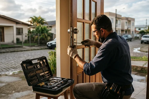 Chaveiro em uma casa realizando manutenção de segurança.