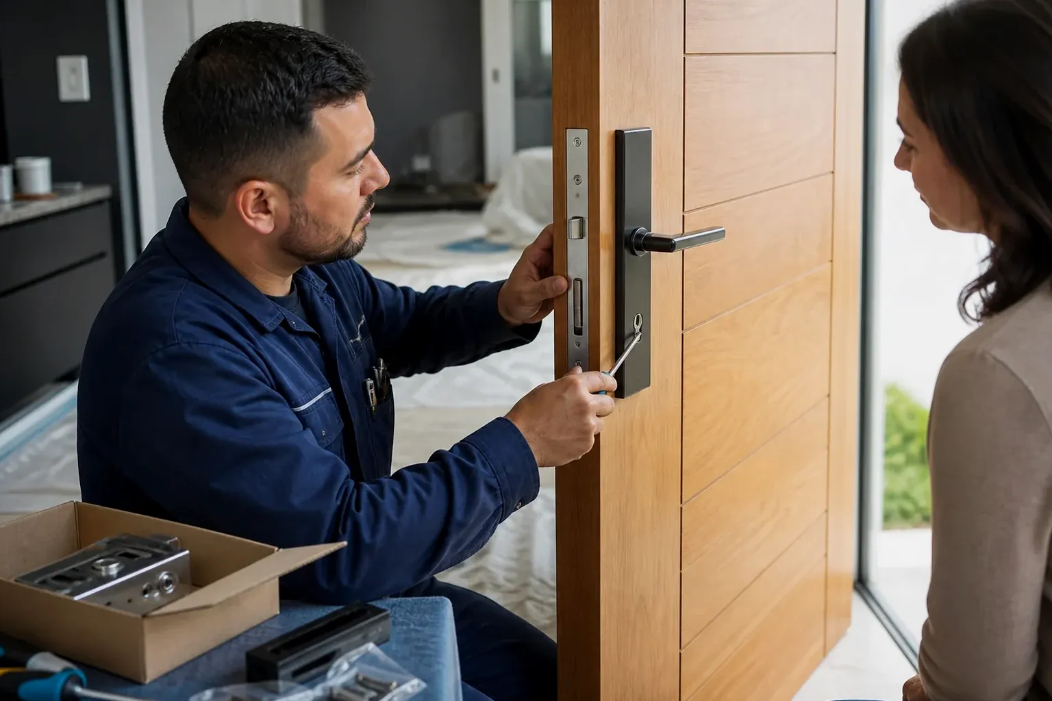 Chaveiro instalando uma nova fechadura em uma porta.