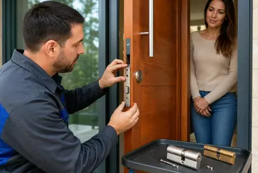 Chaveiro trocando uma fechadura em uma porta.