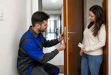 Chaveiro usando ferramentas para abrir uma porta com segurança.